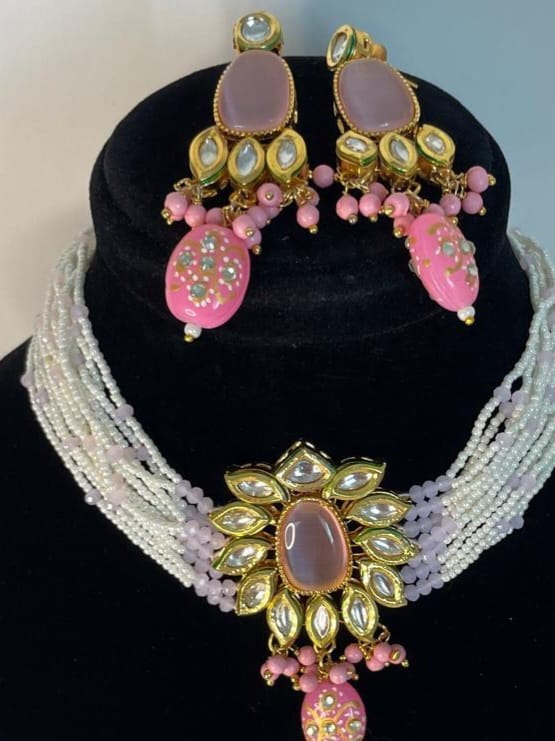 Pink Stone and Pearl Choker Set - Image 3