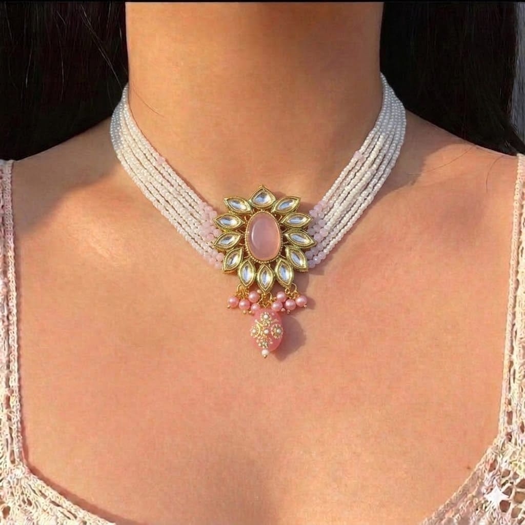 Pink Stone and Pearl Choker Set