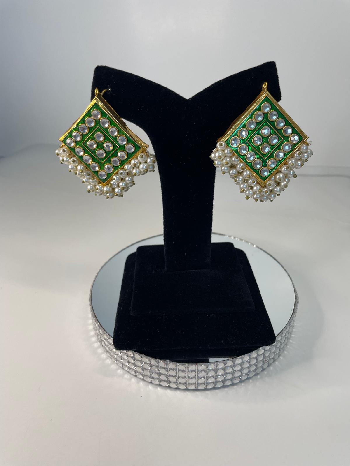 Geometric Green & Pearl Studs - Image 3
