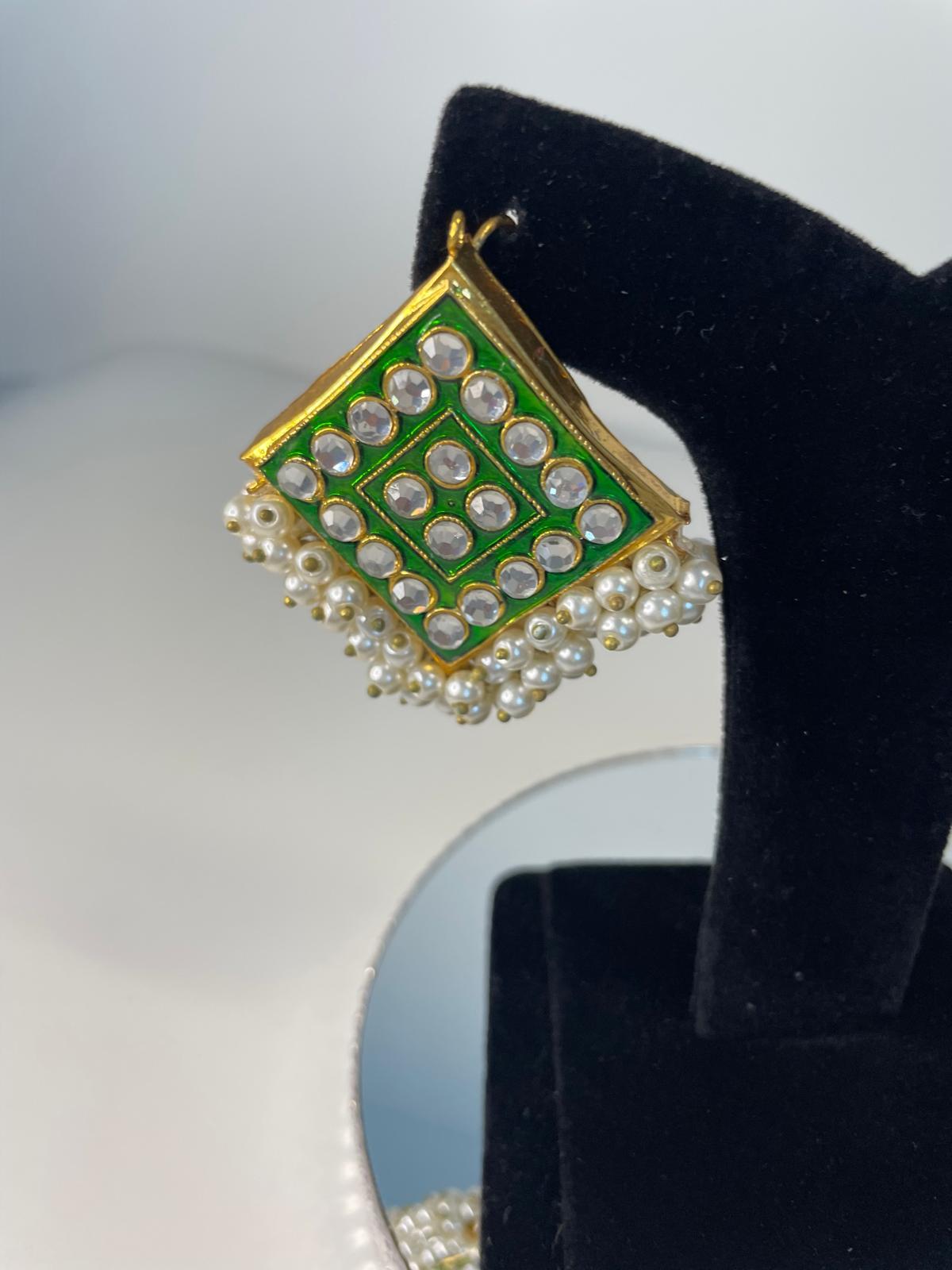 Geometric Green & Pearl Studs - Image 2