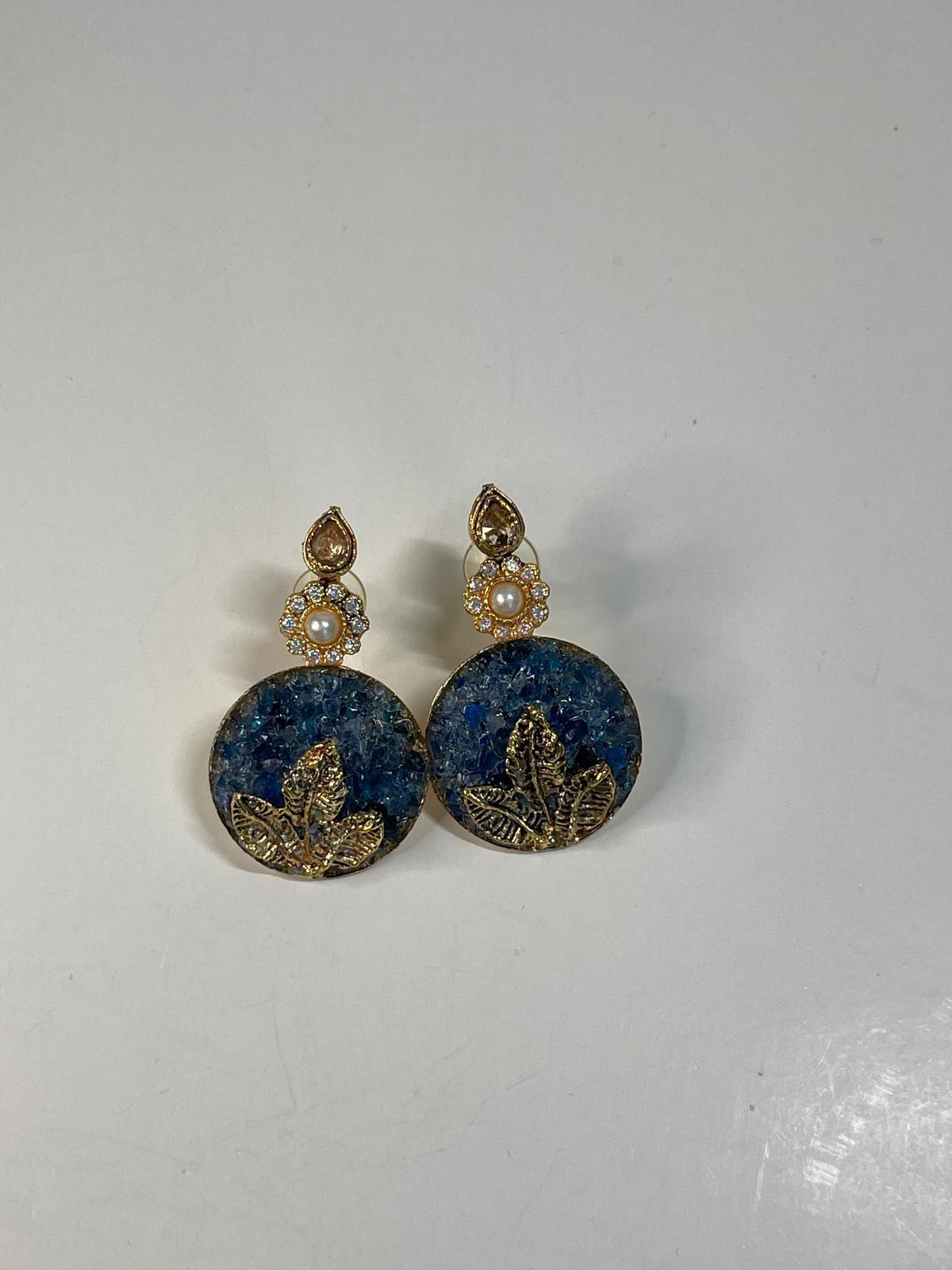 Blue Druzy Leaf Stud Earrings - Image 2
