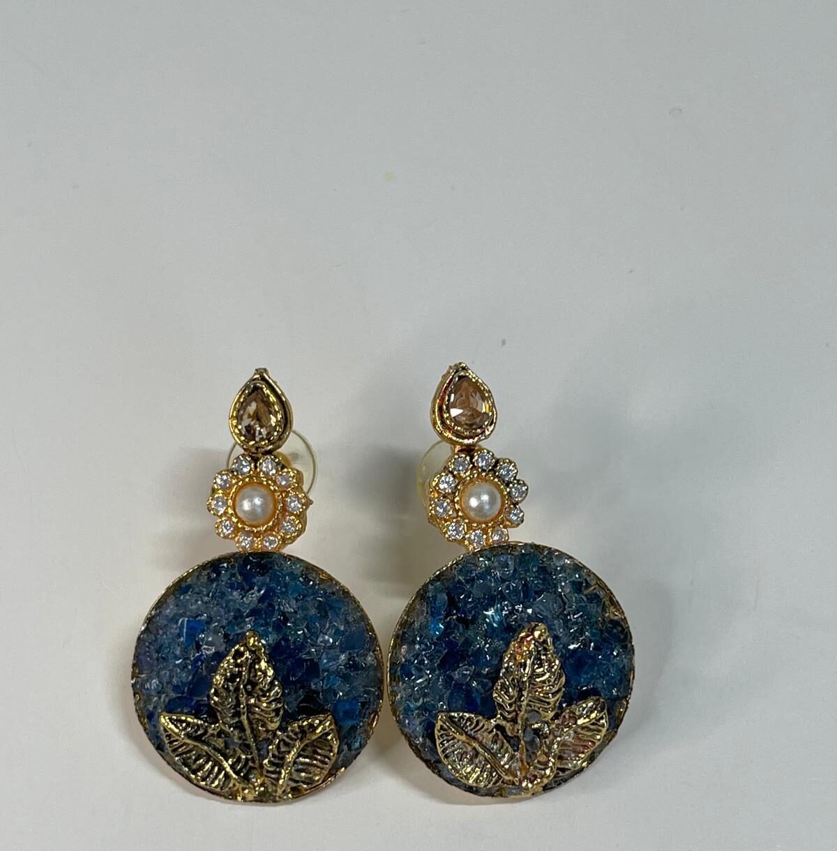 Blue Druzy Leaf Stud Earrings