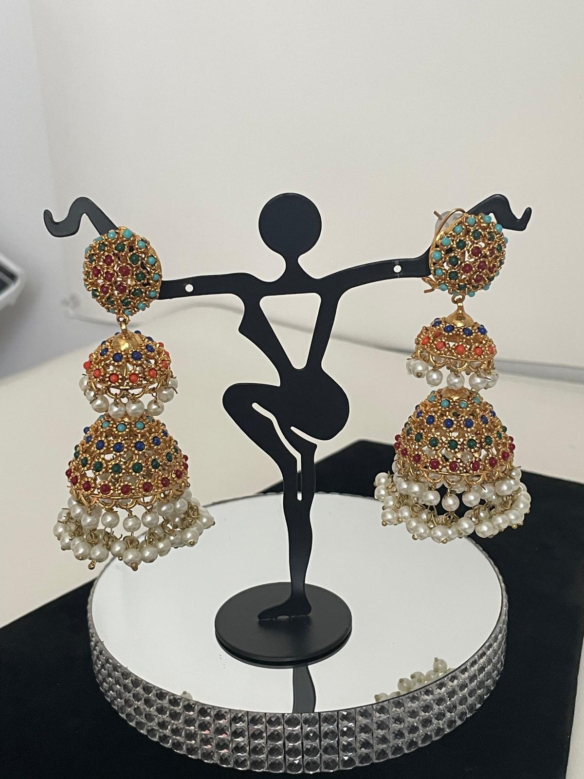 Navratan Double-Tiered Jhumkas. - Image 3
