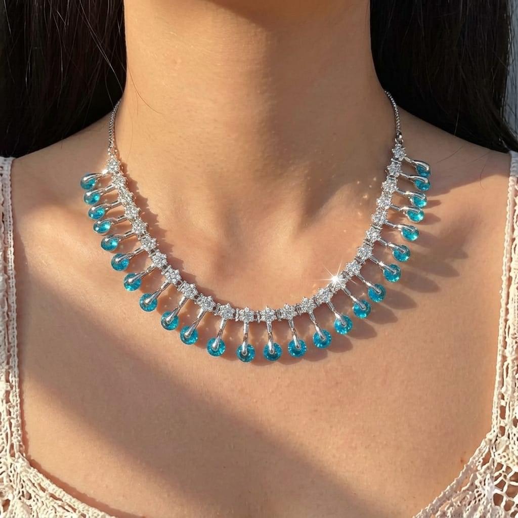 Aqua blue doublet necklace with CZ stone