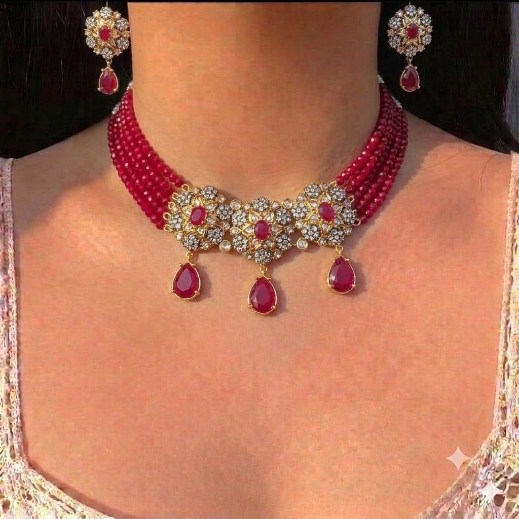 Multi-Strand Ruby Bead necklace Set