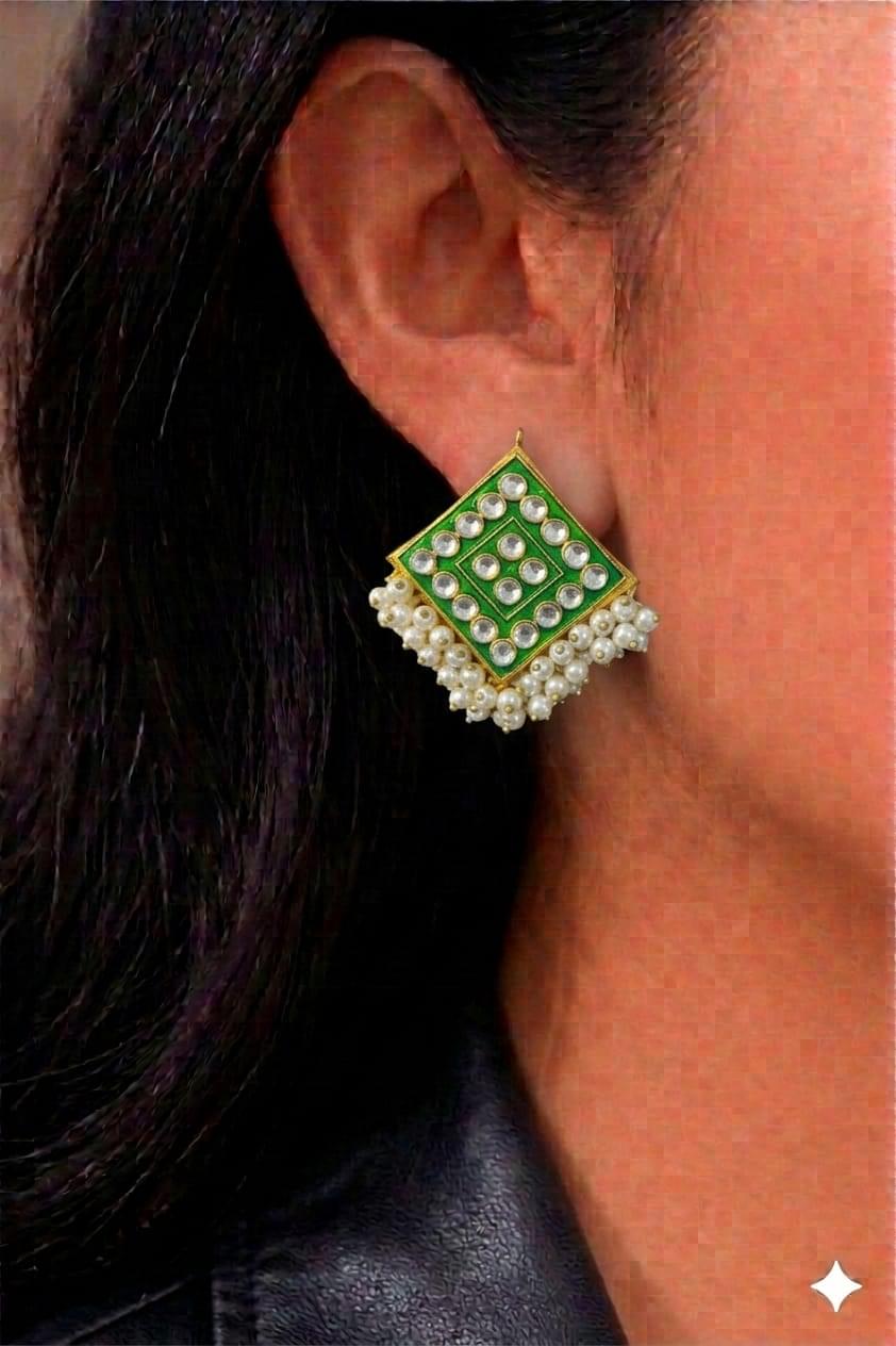 Geometric Green & Pearl Studs